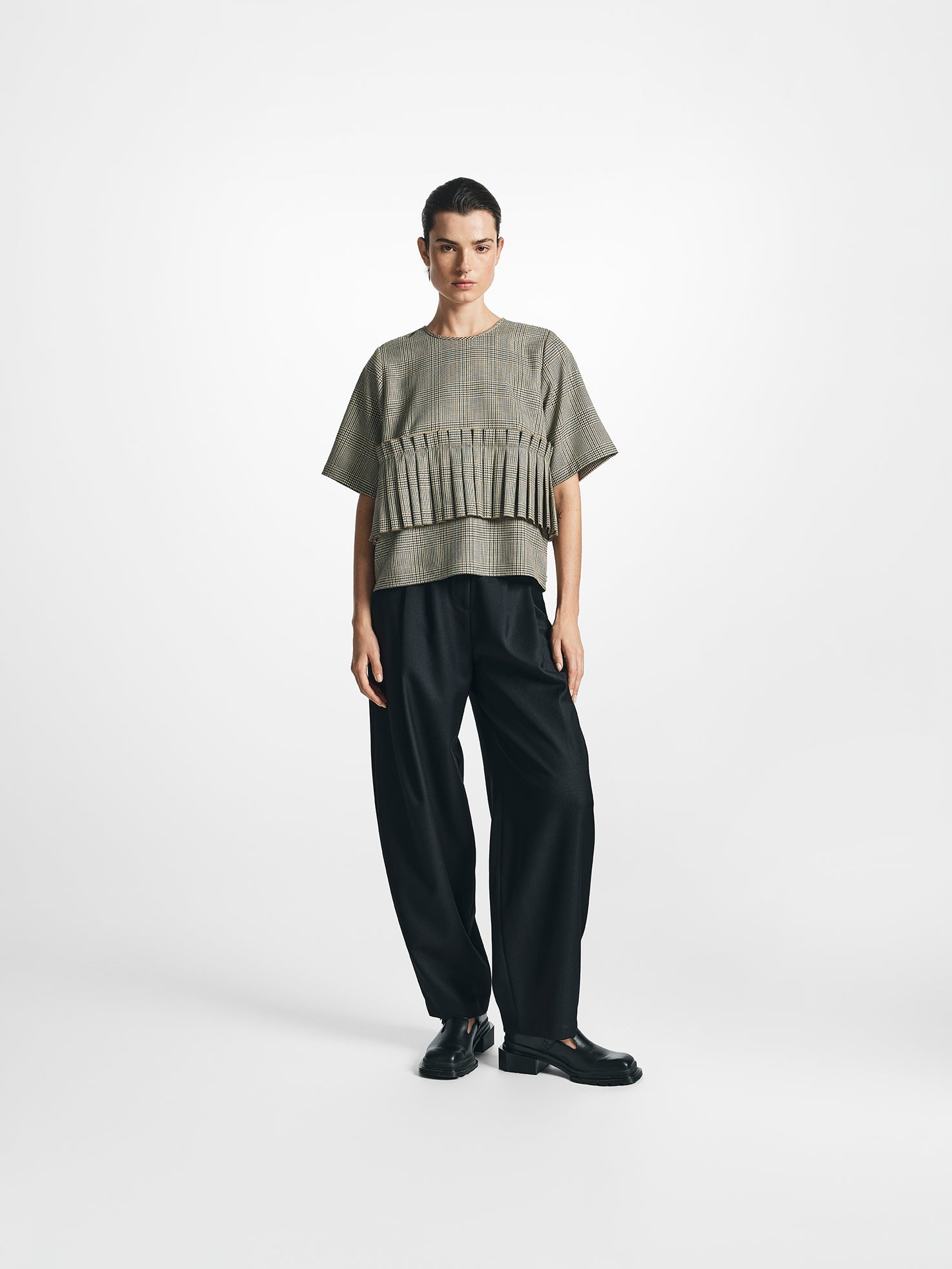 Boxy Check Pleated Top