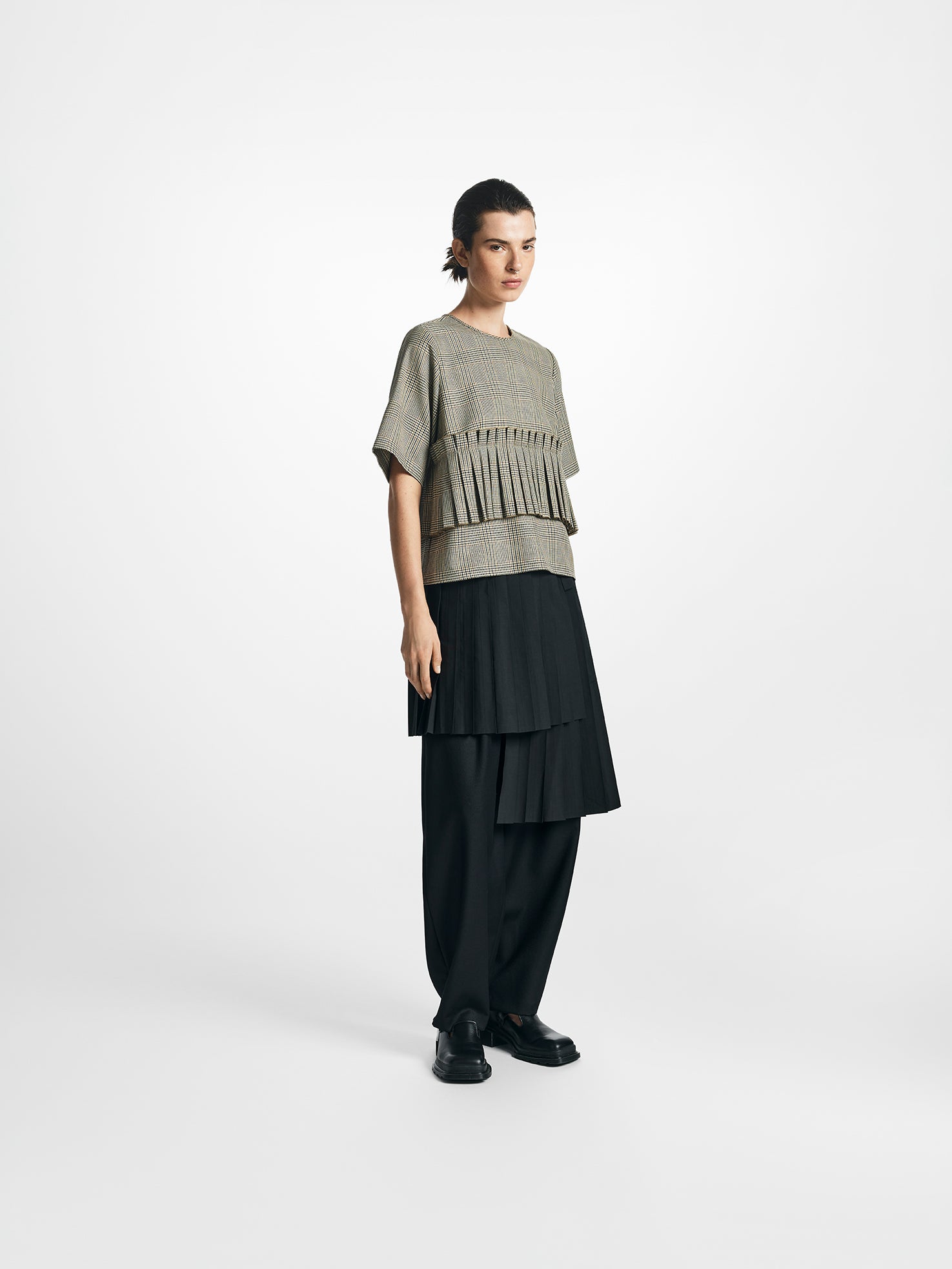 Boxy Check Pleated Top