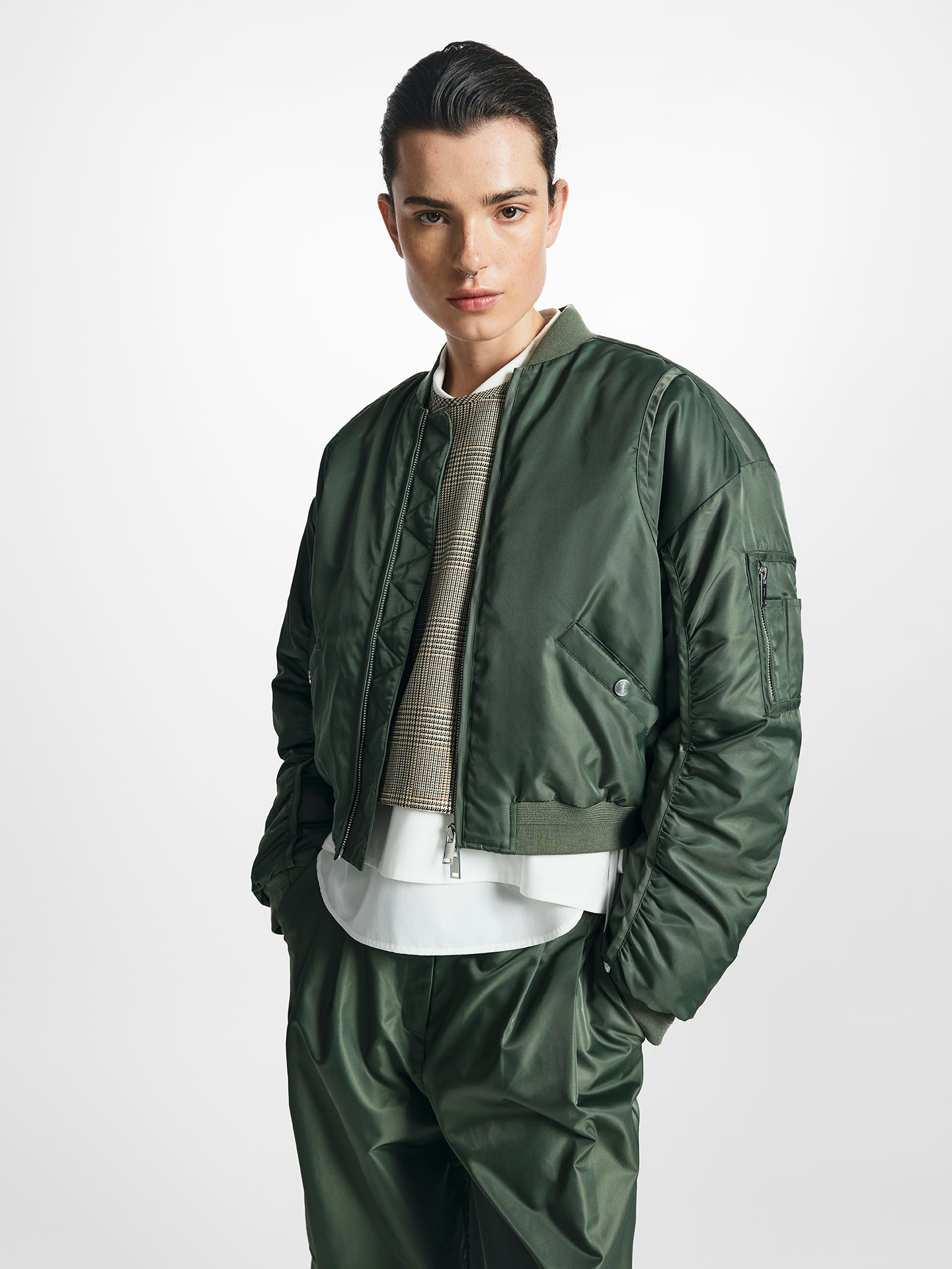 Cropped Nylon Bomber Jacket